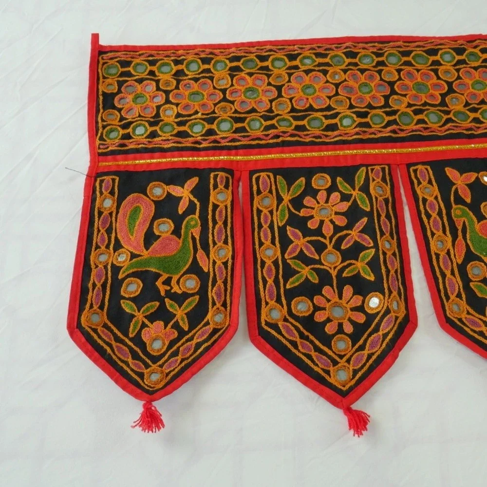 Vintage Indian Toran Door Hanging Shisha Mirror Peacock Embroidery Whimsical